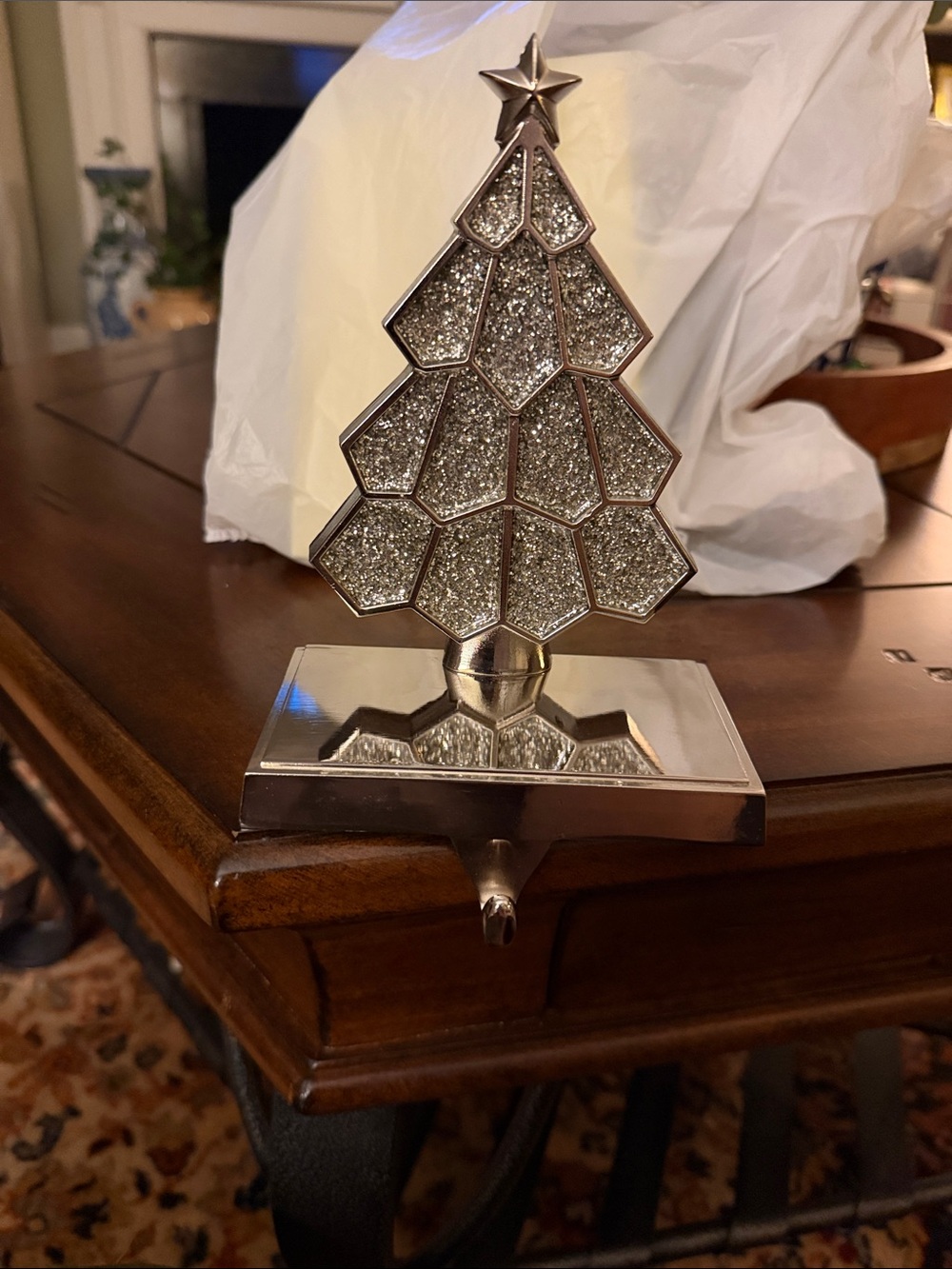Silver Metal Glitter Christmas Stocking Holder - Holiday Tree Design